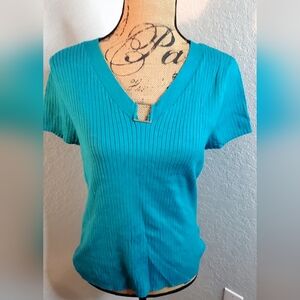 Notations Teal V-Neck Short Sleeve Top